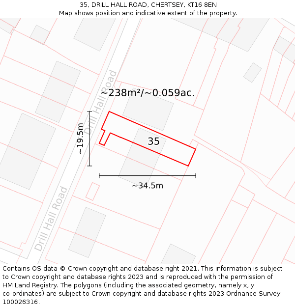35, DRILL HALL ROAD, CHERTSEY, KT16 8EN: Plot and title map