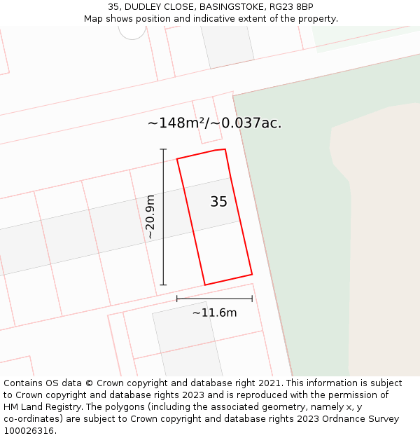 35, DUDLEY CLOSE, BASINGSTOKE, RG23 8BP: Plot and title map