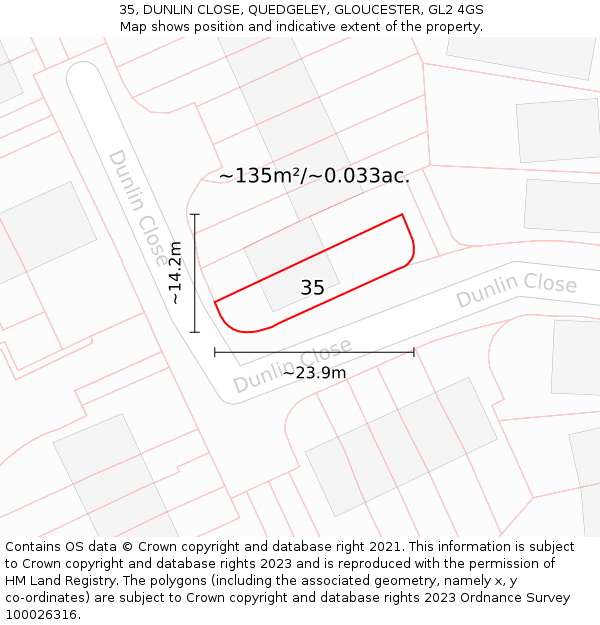 35, DUNLIN CLOSE, QUEDGELEY, GLOUCESTER, GL2 4GS: Plot and title map