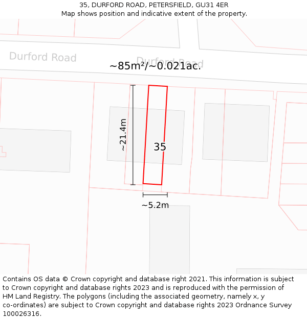 35, DURFORD ROAD, PETERSFIELD, GU31 4ER: Plot and title map