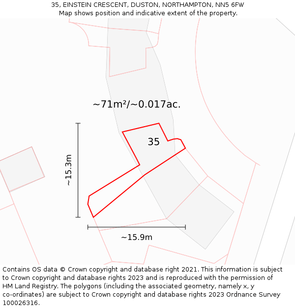35, EINSTEIN CRESCENT, DUSTON, NORTHAMPTON, NN5 6FW: Plot and title map