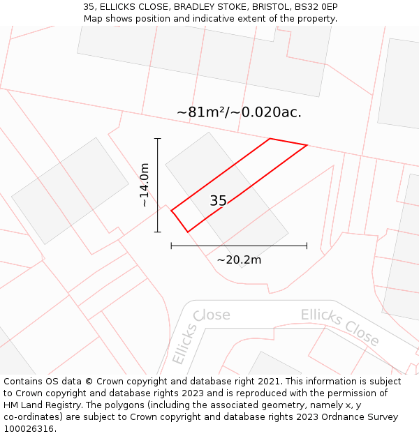 35, ELLICKS CLOSE, BRADLEY STOKE, BRISTOL, BS32 0EP: Plot and title map