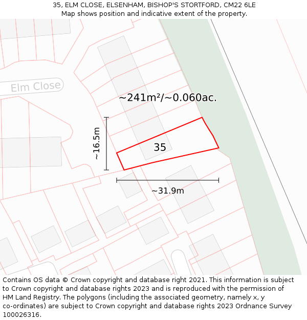 35, ELM CLOSE, ELSENHAM, BISHOP'S STORTFORD, CM22 6LE: Plot and title map
