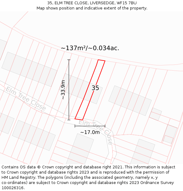 35, ELM TREE CLOSE, LIVERSEDGE, WF15 7BU: Plot and title map
