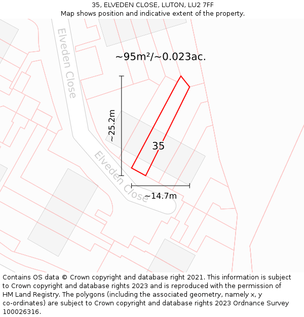 35, ELVEDEN CLOSE, LUTON, LU2 7FF: Plot and title map