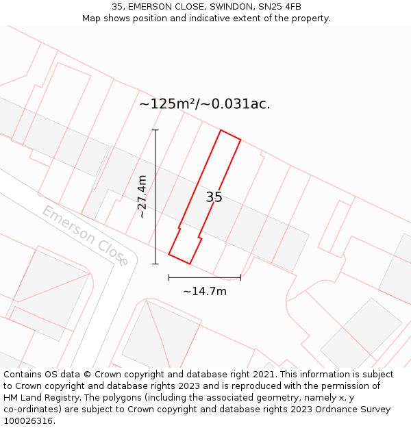 35, EMERSON CLOSE, SWINDON, SN25 4FB: Plot and title map