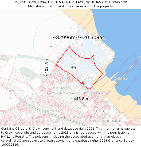 35, ENDEAVOUR WAY, HYTHE MARINA VILLAGE, SOUTHAMPTON, SO45 6DX: Plot and title map