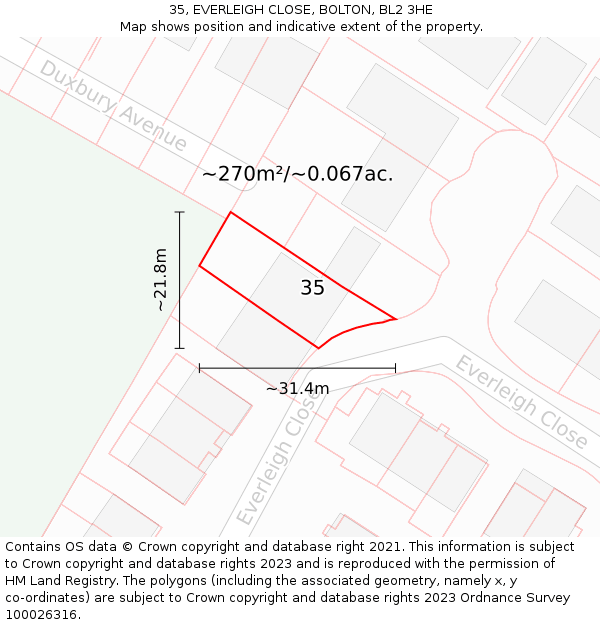 35, EVERLEIGH CLOSE, BOLTON, BL2 3HE: Plot and title map