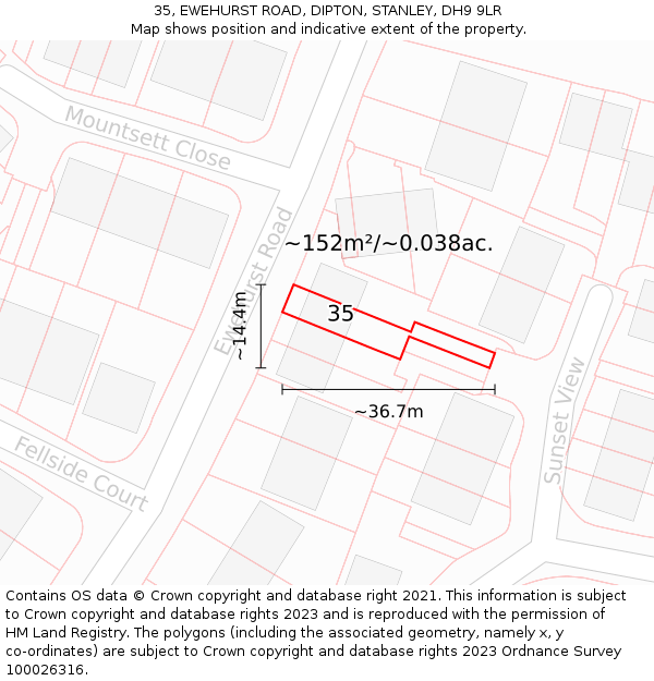 35, EWEHURST ROAD, DIPTON, STANLEY, DH9 9LR: Plot and title map