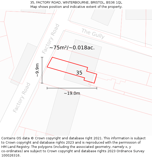35, FACTORY ROAD, WINTERBOURNE, BRISTOL, BS36 1QL: Plot and title map