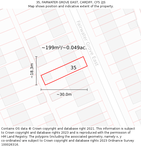 35, FAIRWATER GROVE EAST, CARDIFF, CF5 2JS: Plot and title map