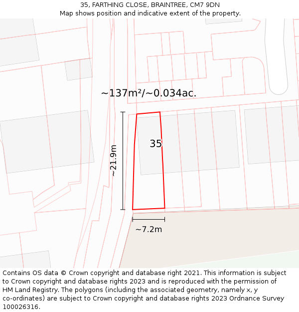 35, FARTHING CLOSE, BRAINTREE, CM7 9DN: Plot and title map