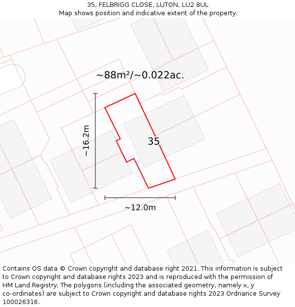 35, FELBRIGG CLOSE, LUTON, LU2 8UL: Plot and title map