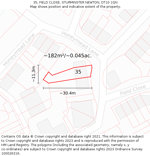 35, FIELD CLOSE, STURMINSTER NEWTON, DT10 1QN: Plot and title map