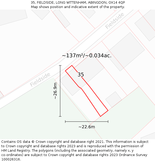 35, FIELDSIDE, LONG WITTENHAM, ABINGDON, OX14 4QP: Plot and title map