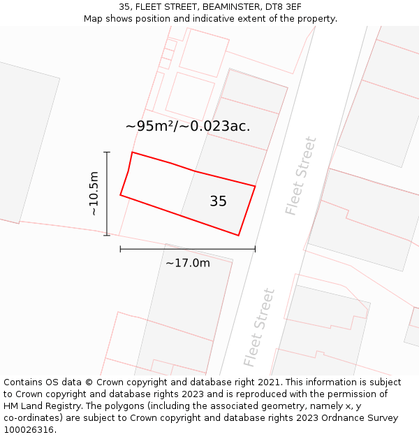 35, FLEET STREET, BEAMINSTER, DT8 3EF: Plot and title map