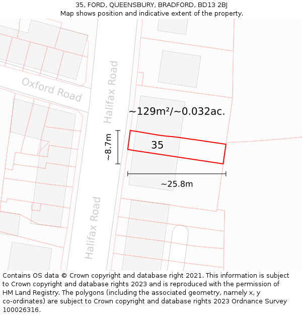 35, FORD, QUEENSBURY, BRADFORD, BD13 2BJ: Plot and title map