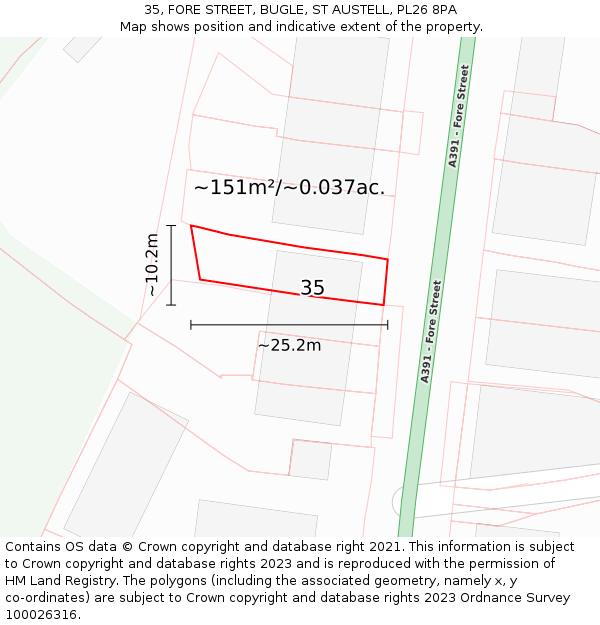 35, FORE STREET, BUGLE, ST AUSTELL, PL26 8PA: Plot and title map