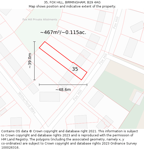 35, FOX HILL, BIRMINGHAM, B29 4AG: Plot and title map