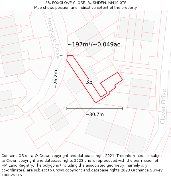 35, FOXGLOVE CLOSE, RUSHDEN, NN10 0TS: Plot and title map