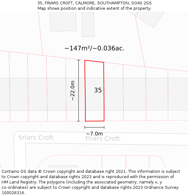 35, FRIARS CROFT, CALMORE, SOUTHAMPTON, SO40 2SS: Plot and title map