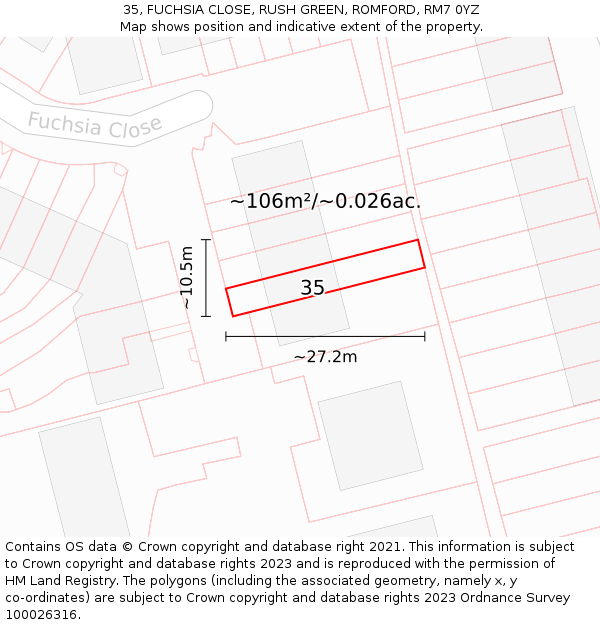 35, FUCHSIA CLOSE, RUSH GREEN, ROMFORD, RM7 0YZ: Plot and title map