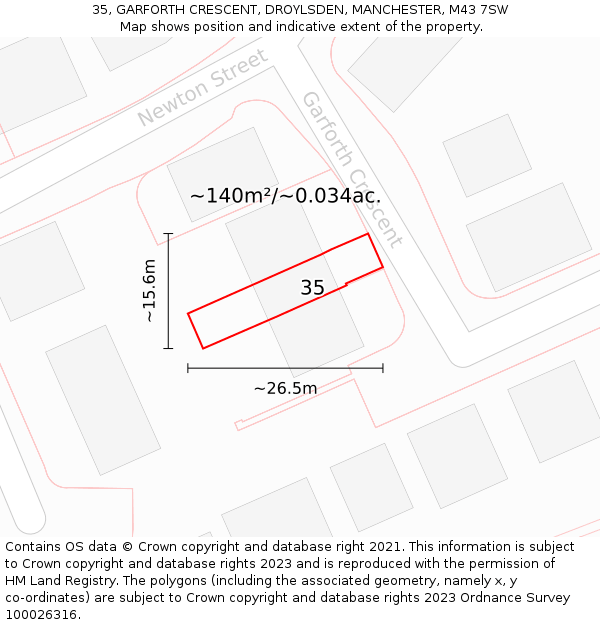 35, GARFORTH CRESCENT, DROYLSDEN, MANCHESTER, M43 7SW: Plot and title map