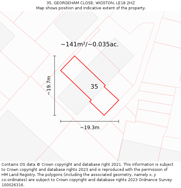 35, GEORGEHAM CLOSE, WIGSTON, LE18 2HZ: Plot and title map