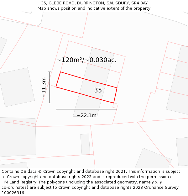 35, GLEBE ROAD, DURRINGTON, SALISBURY, SP4 8AY: Plot and title map