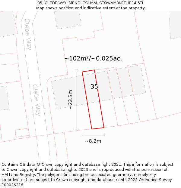 35, GLEBE WAY, MENDLESHAM, STOWMARKET, IP14 5TL: Plot and title map