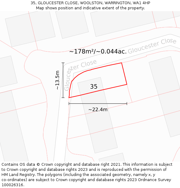 35, GLOUCESTER CLOSE, WOOLSTON, WARRINGTON, WA1 4HP: Plot and title map