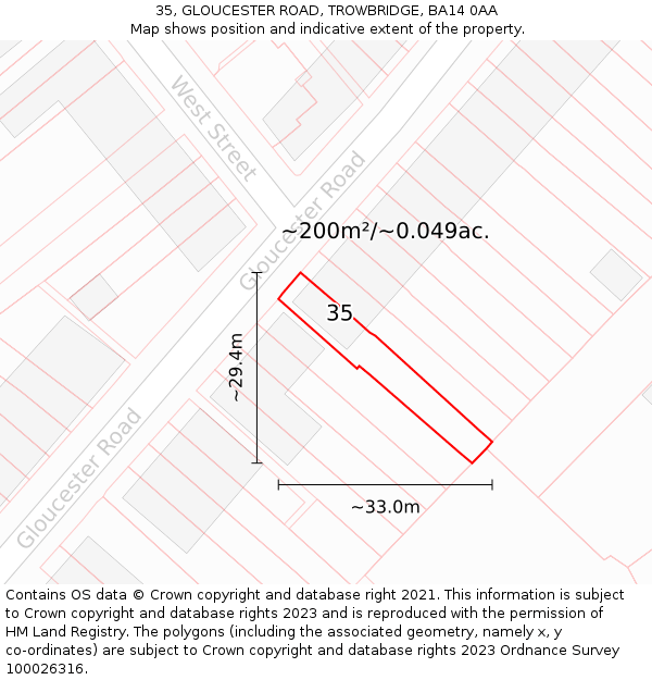 35, GLOUCESTER ROAD, TROWBRIDGE, BA14 0AA: Plot and title map