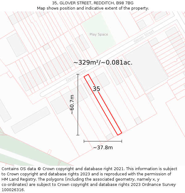 35, GLOVER STREET, REDDITCH, B98 7BG: Plot and title map