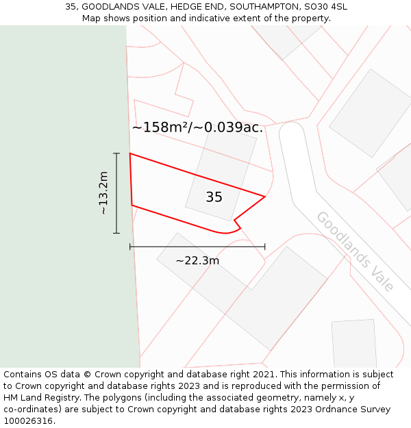 35, GOODLANDS VALE, HEDGE END, SOUTHAMPTON, SO30 4SL: Plot and title map