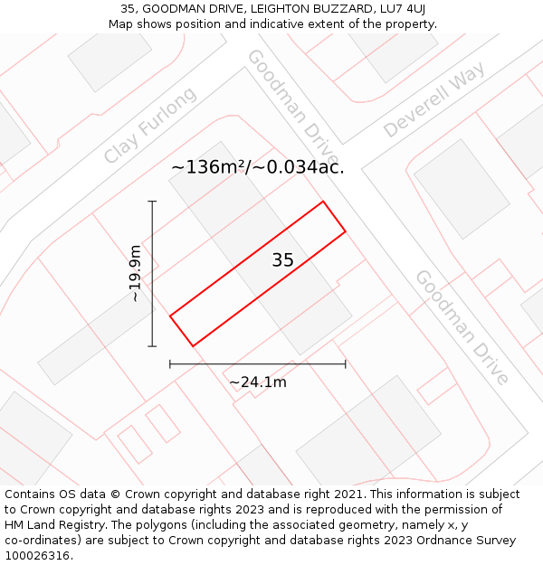 35, GOODMAN DRIVE, LEIGHTON BUZZARD, LU7 4UJ: Plot and title map