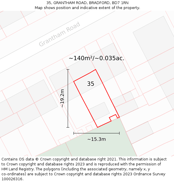 35, GRANTHAM ROAD, BRADFORD, BD7 1RN: Plot and title map