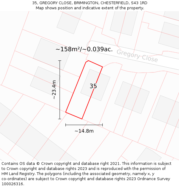 35, GREGORY CLOSE, BRIMINGTON, CHESTERFIELD, S43 1RD: Plot and title map