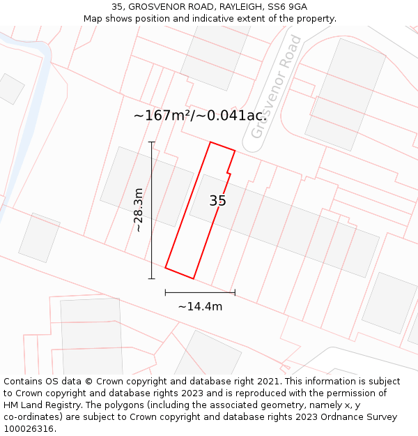 35, GROSVENOR ROAD, RAYLEIGH, SS6 9GA: Plot and title map