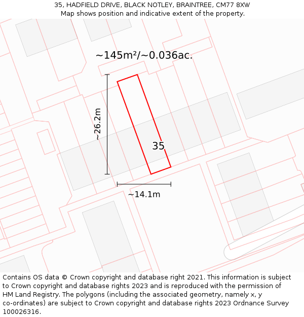 35, HADFIELD DRIVE, BLACK NOTLEY, BRAINTREE, CM77 8XW: Plot and title map