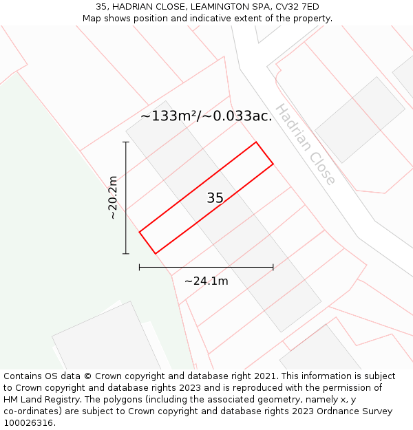 35, HADRIAN CLOSE, LEAMINGTON SPA, CV32 7ED: Plot and title map