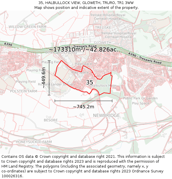 35, HALBULLOCK VIEW, GLOWETH, TRURO, TR1 3WW: Plot and title map