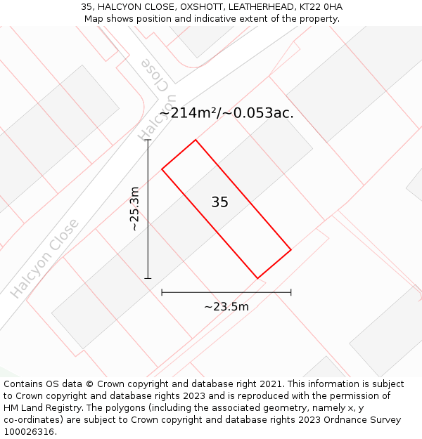 35, HALCYON CLOSE, OXSHOTT, LEATHERHEAD, KT22 0HA: Plot and title map