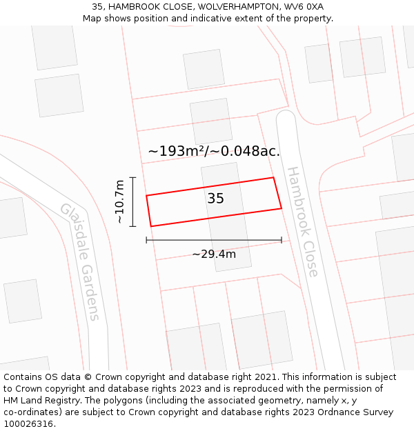 35, HAMBROOK CLOSE, WOLVERHAMPTON, WV6 0XA: Plot and title map