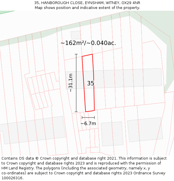 35, HANBOROUGH CLOSE, EYNSHAM, WITNEY, OX29 4NR: Plot and title map
