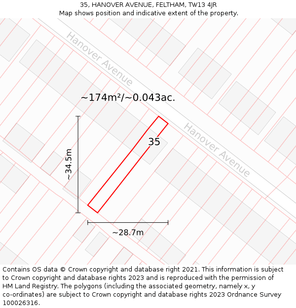 35, HANOVER AVENUE, FELTHAM, TW13 4JR: Plot and title map