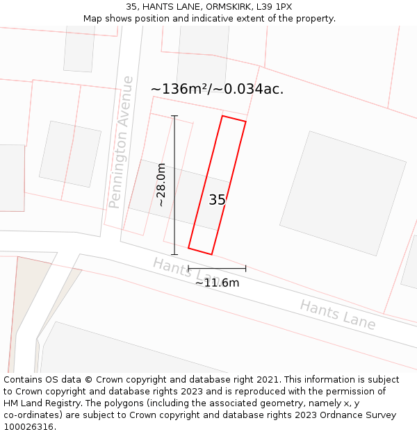 35, HANTS LANE, ORMSKIRK, L39 1PX: Plot and title map