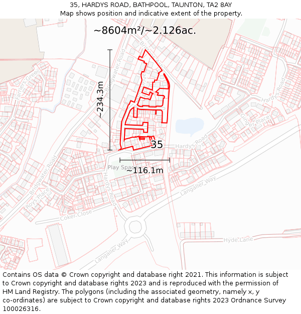35, HARDYS ROAD, BATHPOOL, TAUNTON, TA2 8AY: Plot and title map