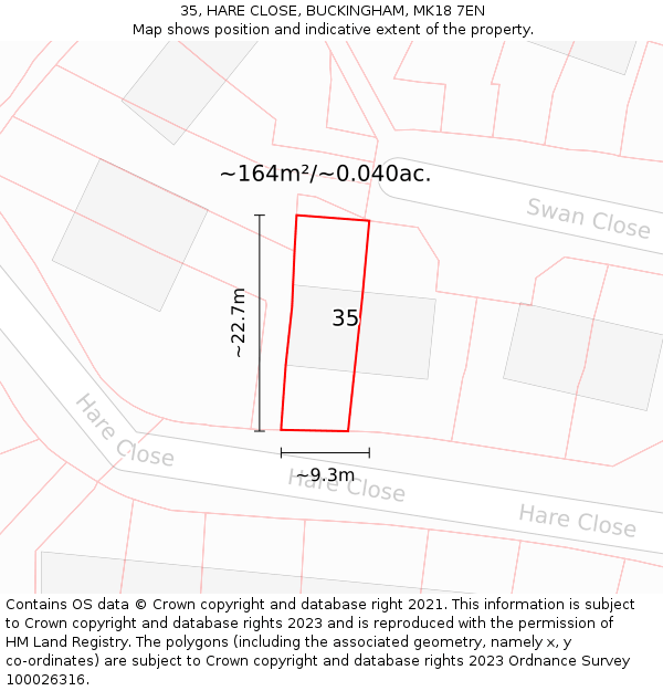 35, HARE CLOSE, BUCKINGHAM, MK18 7EN: Plot and title map