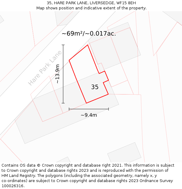 35, HARE PARK LANE, LIVERSEDGE, WF15 8EH: Plot and title map