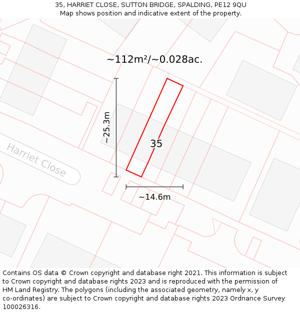 35, HARRIET CLOSE, SUTTON BRIDGE, SPALDING, PE12 9QU: Plot and title map